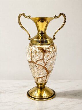 Vintage Holland Brass Crackle Glass Double Handle Urn Vase Hollywood Regency 9"